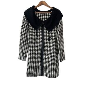 Women's Hounds Tooth Longline Coatagin Cardigan Zip Front Preppy Classic Size XL